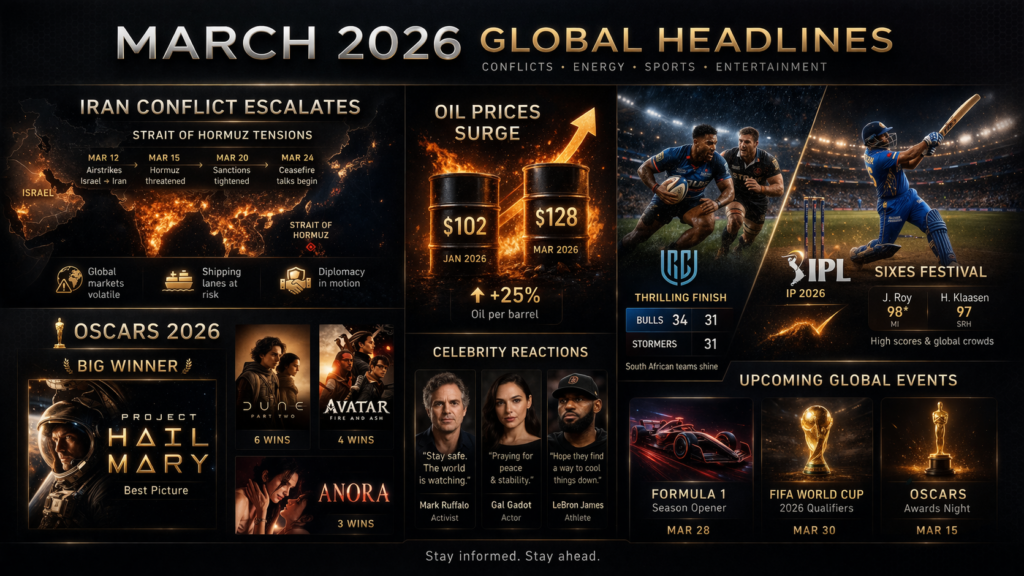 latest global headlines March 2026 celebrities movies sports events